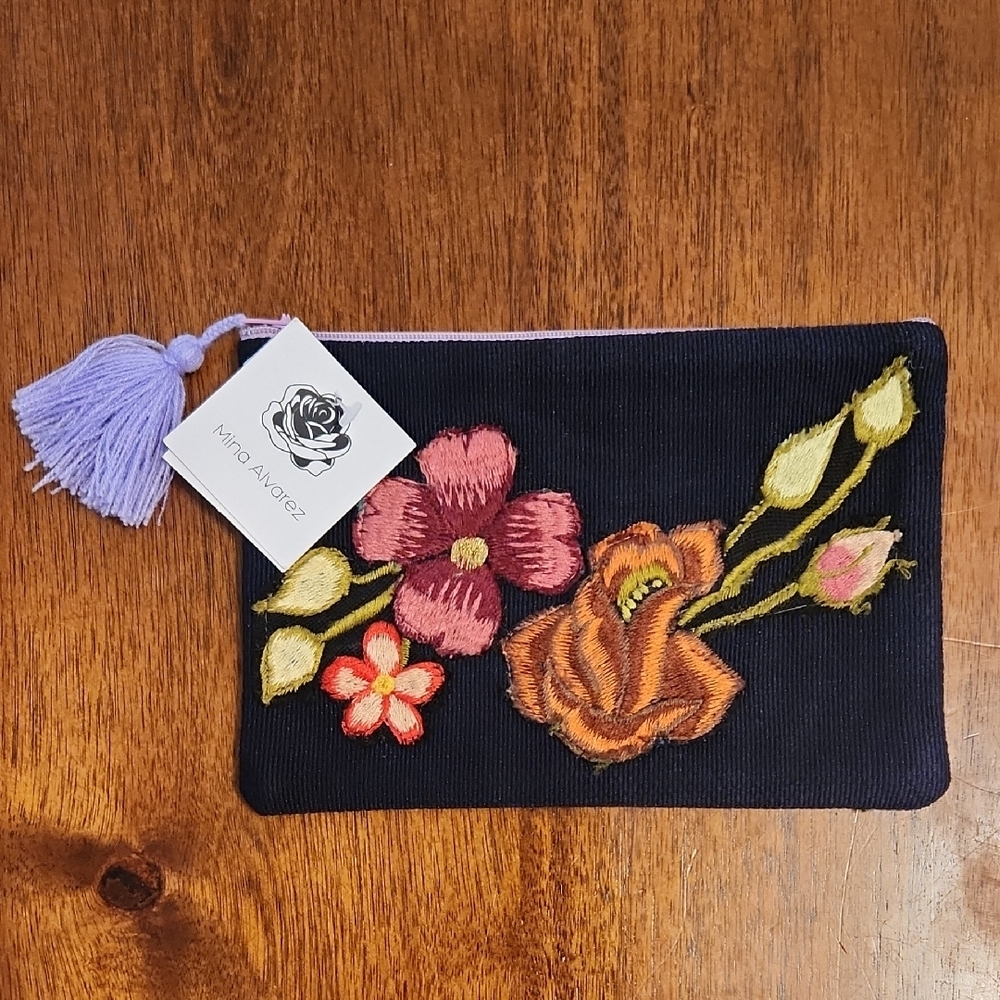 Pink and Blue Cosmetic Bag with Floral Embroidery